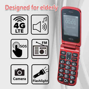 VOCA Big Button Flip Phone for Seniors Elderly | Unlocked 4G LTE | Loud Volume | SOS Button | Speed Dial | Predictive Text | Charging Dock | V340 (Red)